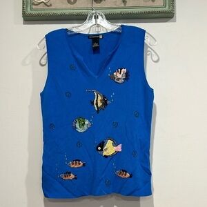 Vintage sweaterworks 90s rib knit sequin fish under the sea blue tank top large